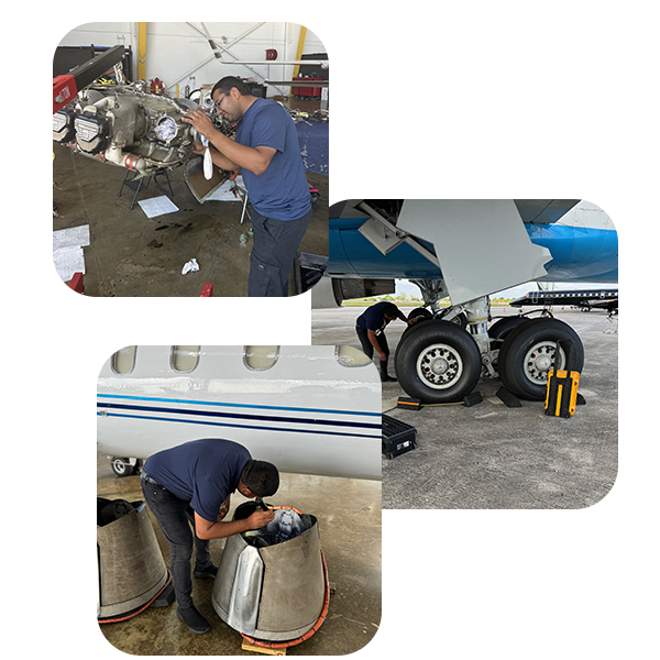 Collage of 3 images of the Noble TechOps team maintaining aircrafts.